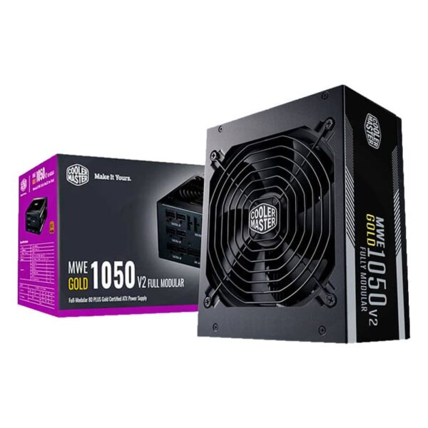 Fuente 1050W 80+ MWE Gold V2 Cooler Master (MODULAR) Imagen frontal con caja