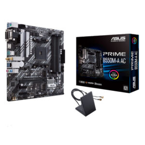 Placa Madre AM4 B550M Imagen frontal con caja y antena wifi