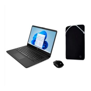 NOTEBOOK HP 14 DQ0526LA (8GB) + FORRO + MOUSE imagen frontal 3 4 lateral derecha ocn accesorios