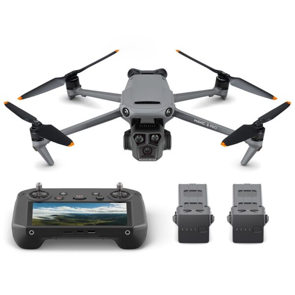 DRONE DJI MAVIC 3 PRO FLY MORE COMBO 5.1K + CONTROLE DJI RC PRO imagen frontal en picado mas los accesorios