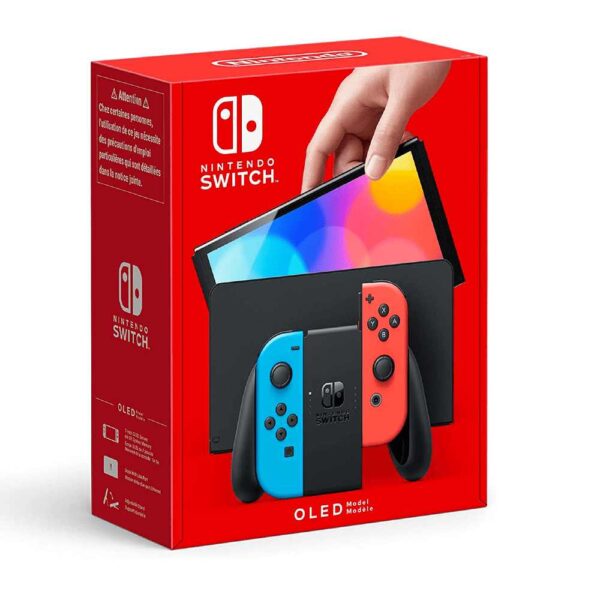 NINTENDO SWITCH OLED 64GB version roja y azul imagen frontal 3 4 lateral izquierda