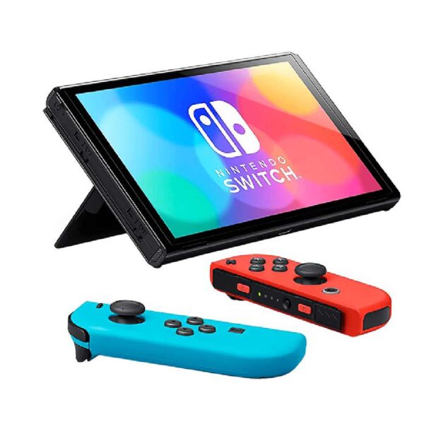 NINTENDO SWITCH OLED 64GB version rojos azul imagen 3 4 lateral izquierda