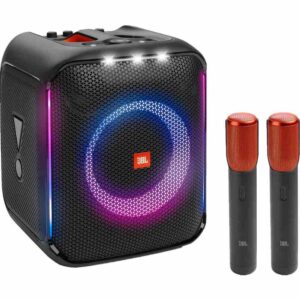 PARLANTE JBL PARTYBOX ENCORE ESSENTIAL 2 MICROFONOS imagen frontal 3 4 lateral izquierda