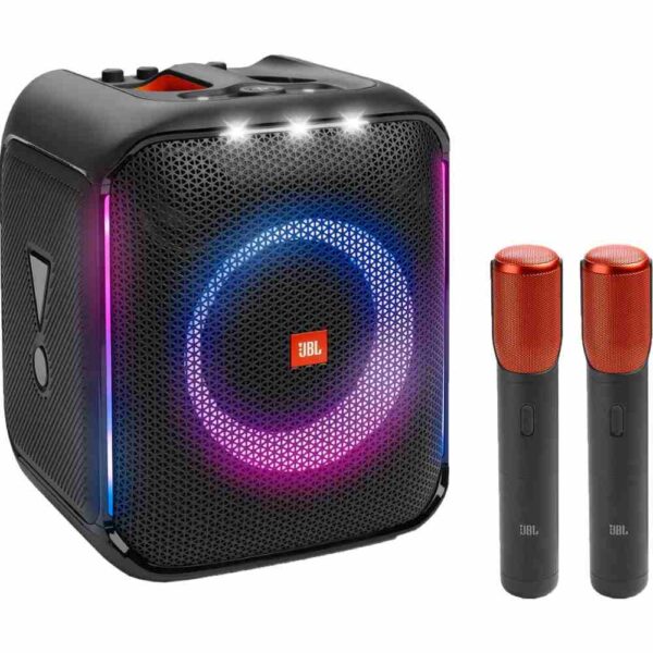 PARLANTE JBL PARTYBOX ENCORE ESSENTIAL 2 MICROFONOS imagen frontal 3 4 lateral izquierda