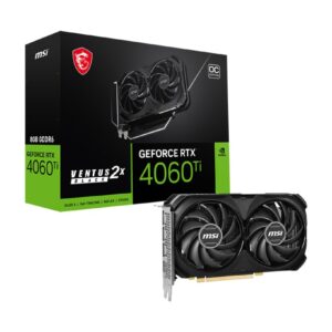 VGA RTX 4060TI 8GB MSI VENTUS 2X OC BLACK imagen frontal 3 4 lateral izquierdo con caja