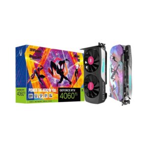 VGA RTX 4060TI 8GB ZOTAC GAMING SPIDERMAN OC imagen frontal 3 4 lateral izquierda con caja y con aderente de spiderman