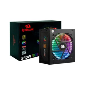 FUENTE 850W GOLD 80+ REDRAGON GC PS007 1 RGB (MODULAR) imagen frontal 3 4 lateral izquierda con caja