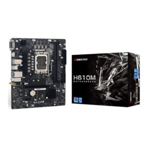 PLACA MADRE 1700 H610MX E BIOSTAR imagen frontal 3 4 lateral izquierdo con caja