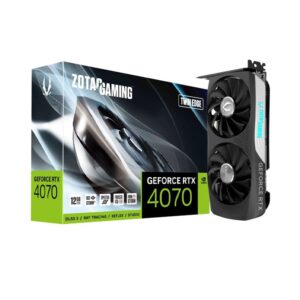VGA RTX 4070 12GB ZOTAC TWIN EDGE imagen frontal 3 4 lateral derecha con caja